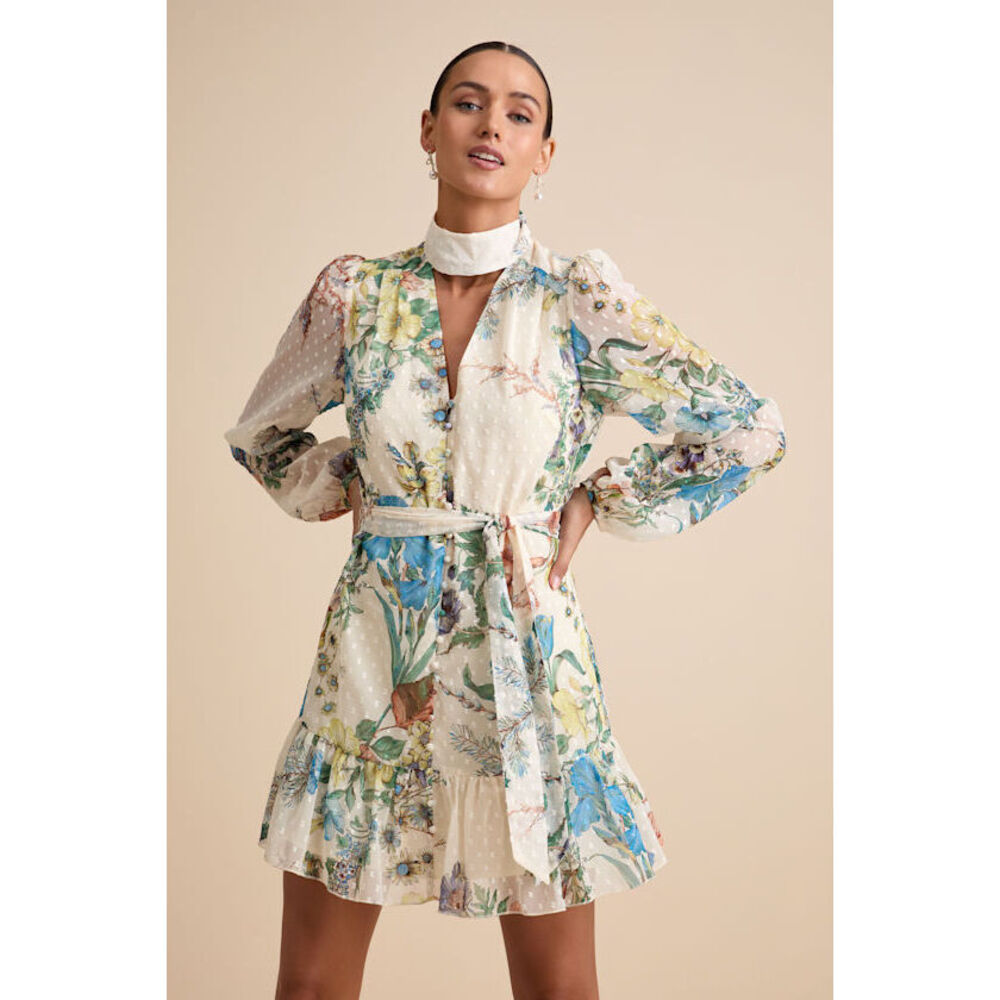 Lulus Ayame Ivory Floral Swiss Dot Balloon Sleeve Mini Dress White - Size L